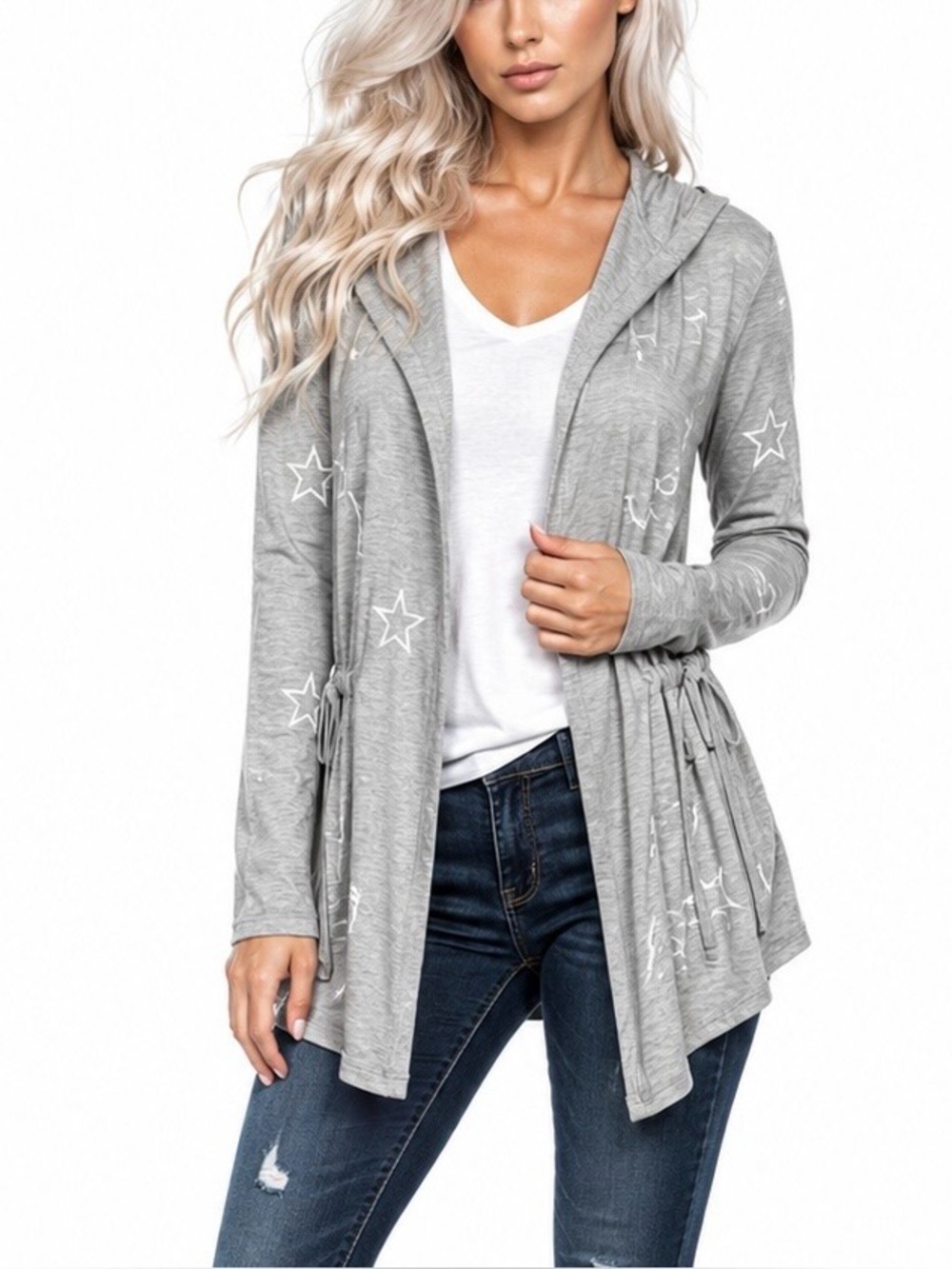 Peyton Primrose Gray Hooded Cardigan with Star Print (XL)